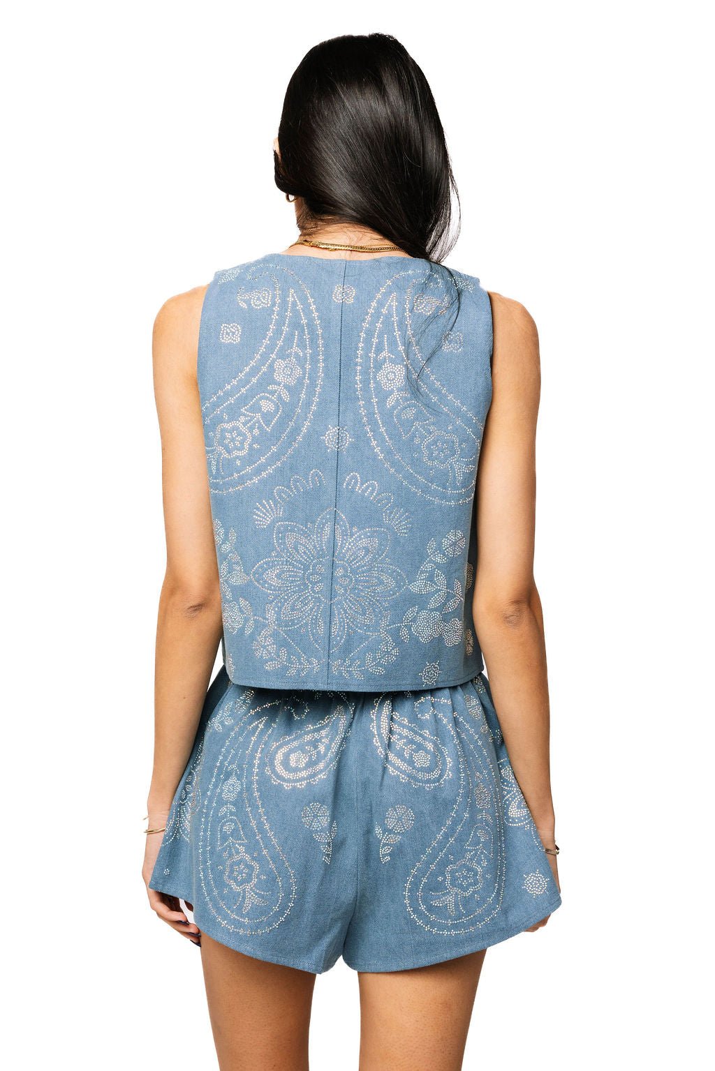 Queen of Sparkles Denim Sequin Paisley Print Short