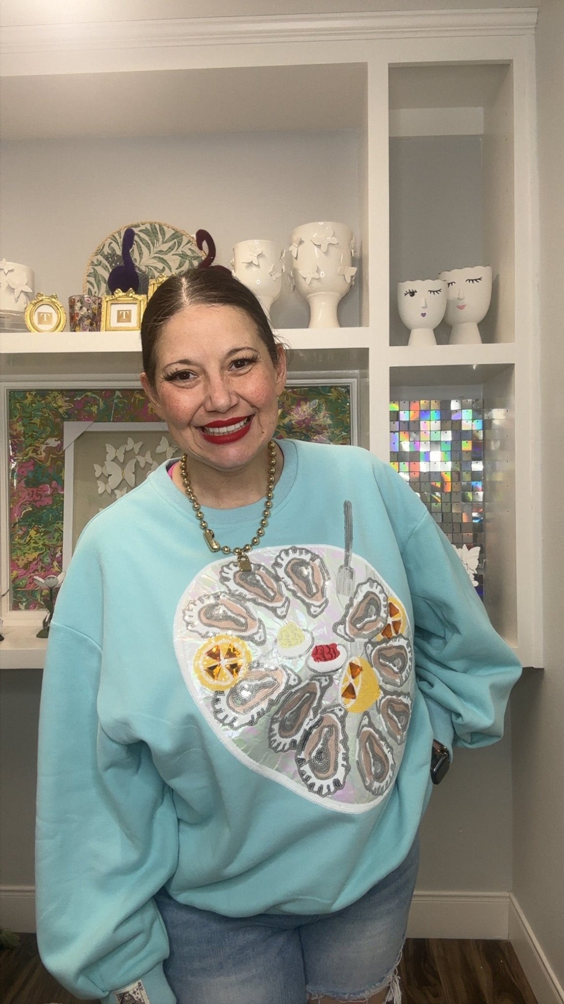 Queen of Sparkles Mint Blue Oyster Platter Sweatshirt