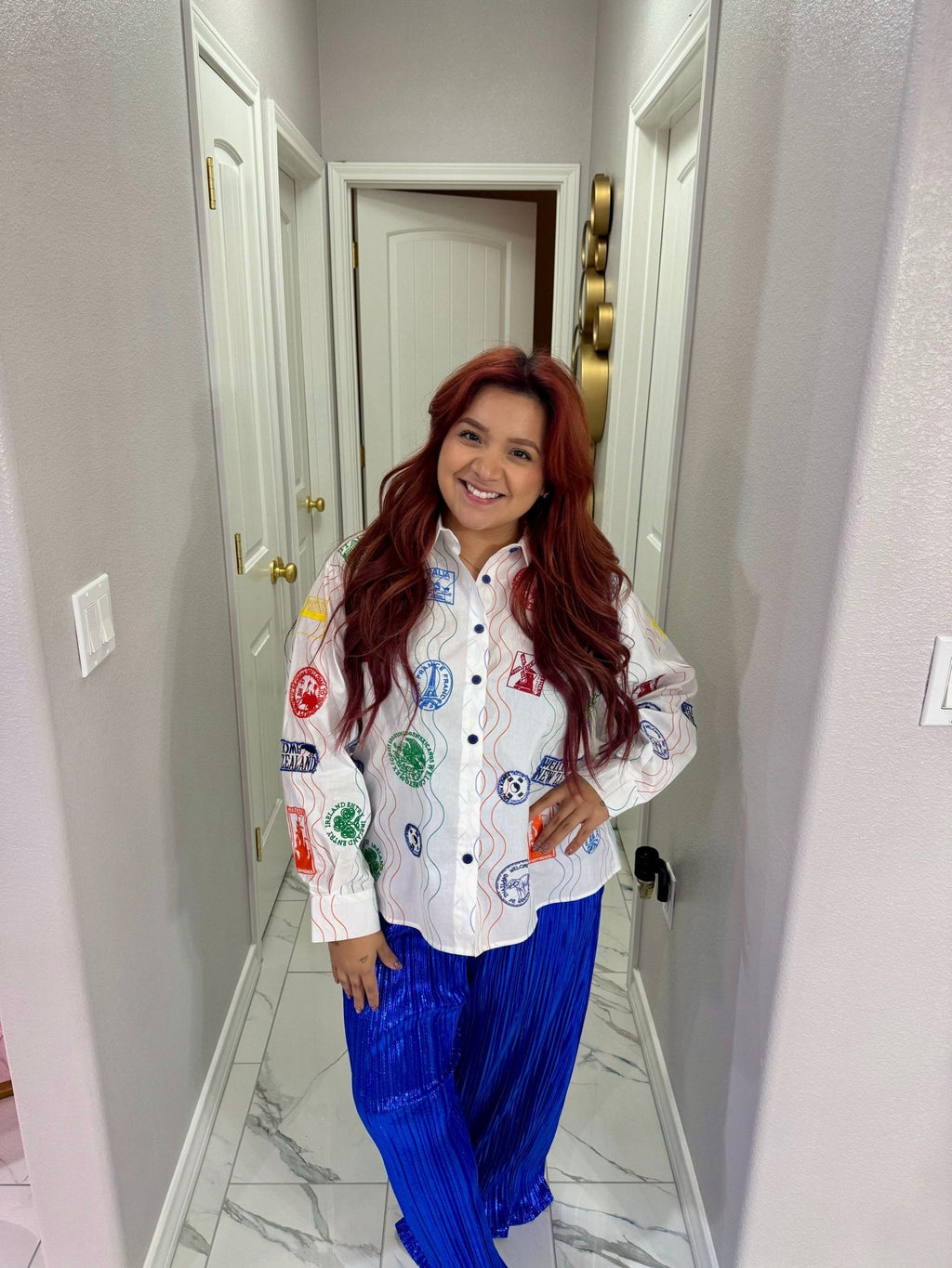 Queen of Sparkles Multi Passport Stamp Button Up Cotton Top