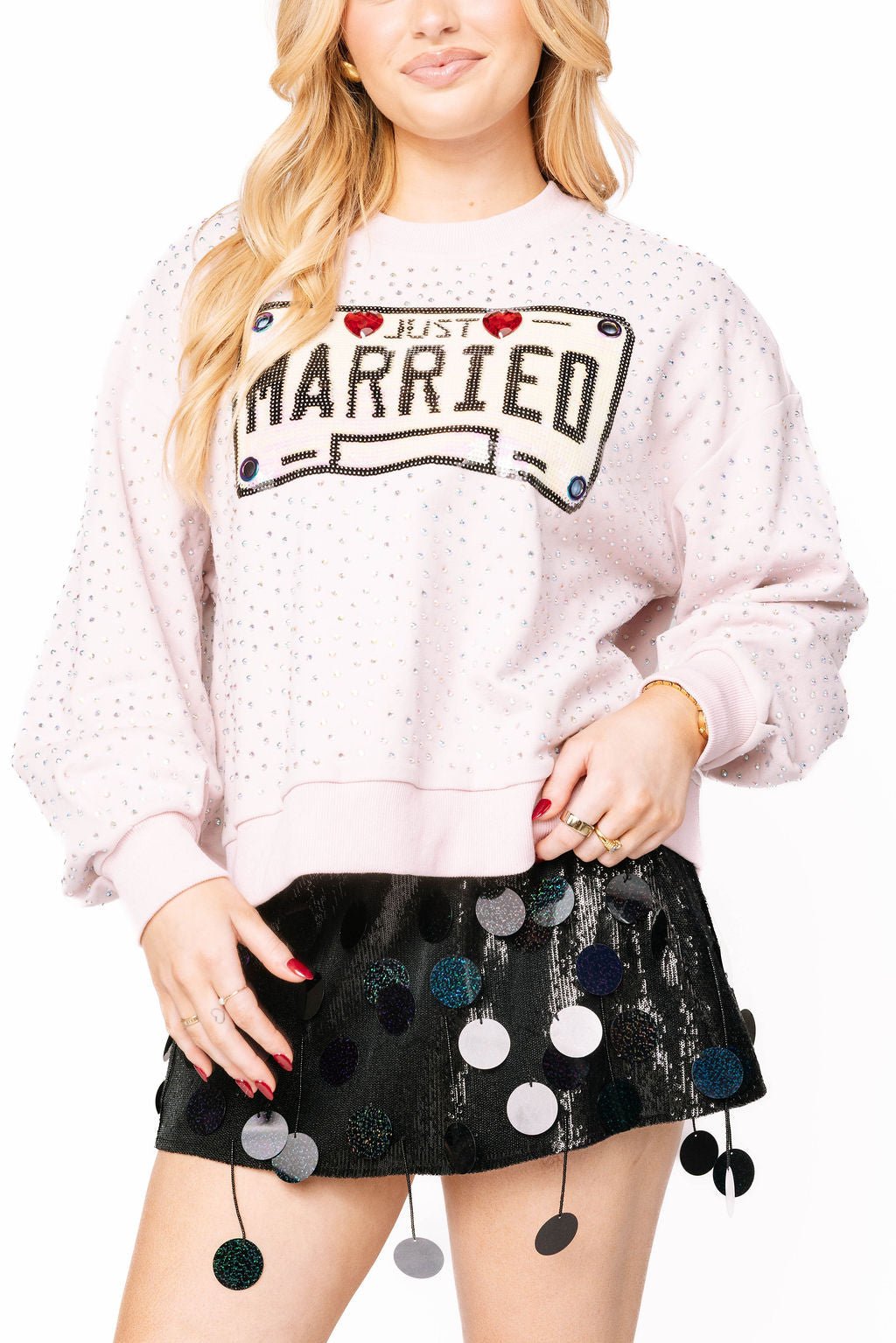 Queen of Sparkles Pale Pink Rhinestone 'Just Married' Sweatshirt