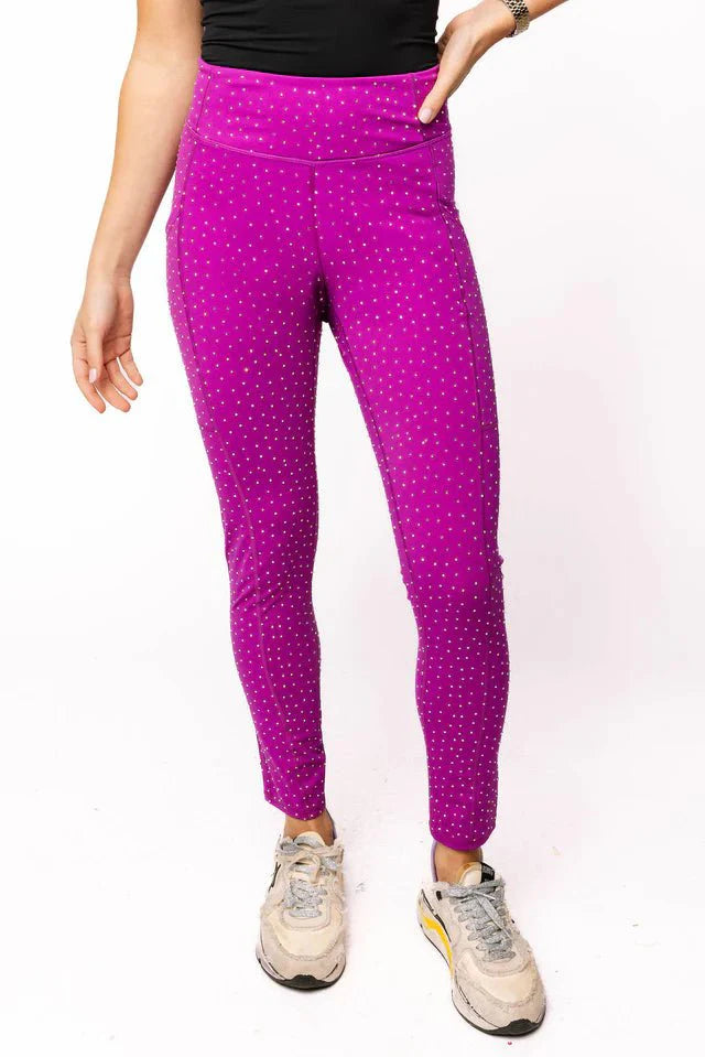 Queen of Sparkles QOS Bright Purple Scattered Rhinestone Leggings
