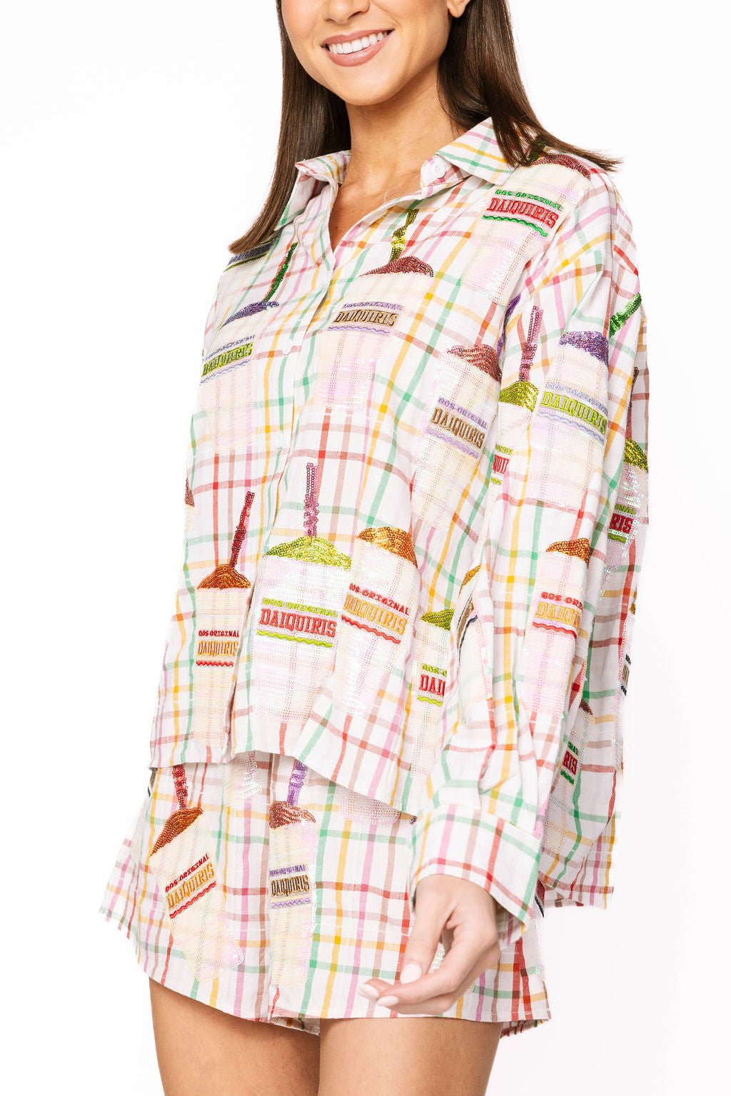 Queen of Sparkles Rainbow Plaid Daiquiri Cotton Button Up Long Sleeve Top