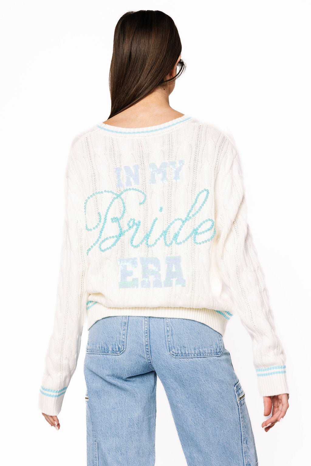 Queen of Sparkles White & Blue 'In My Bride Era' Sequin & Pearl Button Up Cardigan