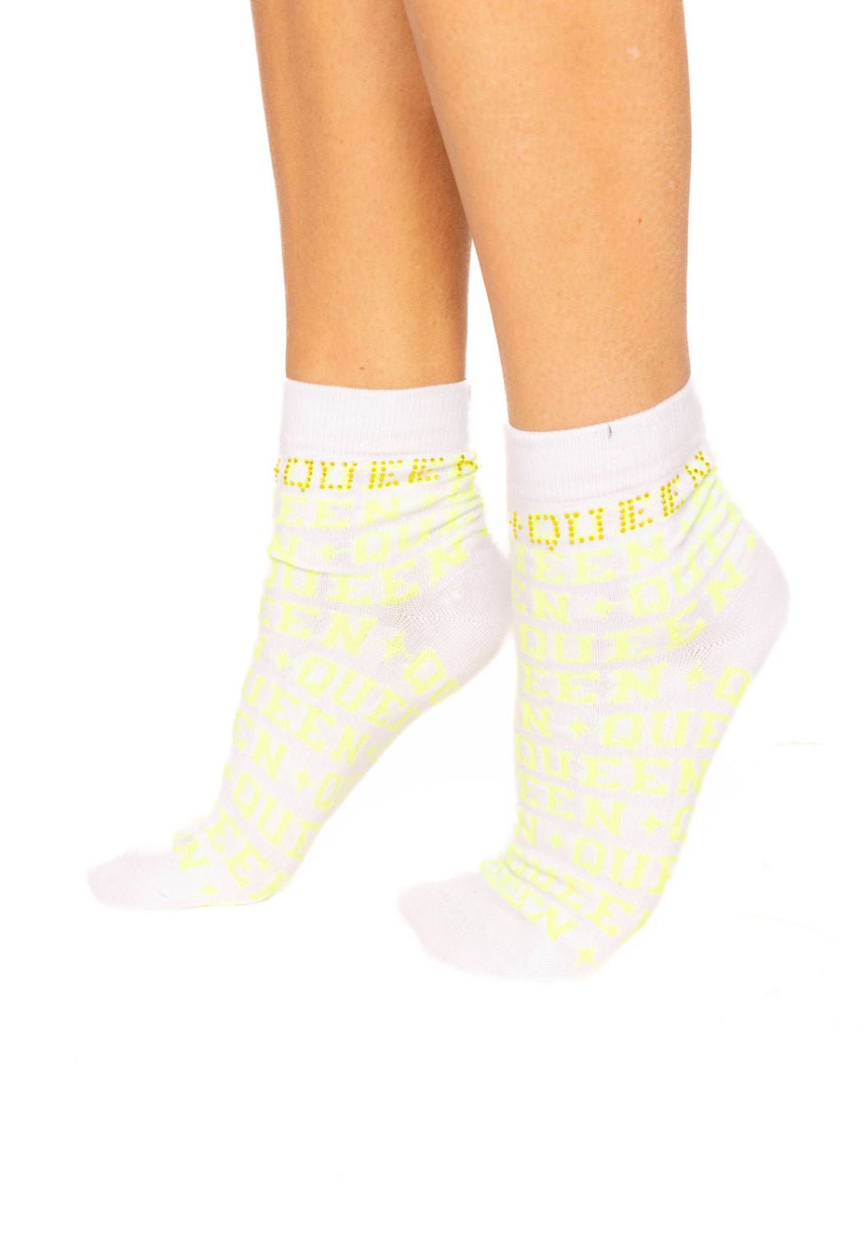Queen of Sparkles White & Neon Yellow Rhinestone Queen Socks