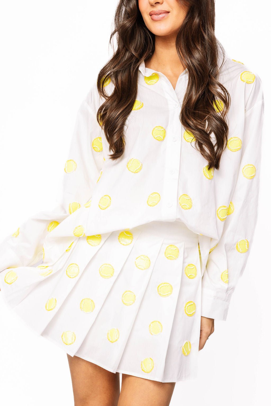 Queen of Sparkles White Scattered Beaded Tennis Ball Button Up Collar Top