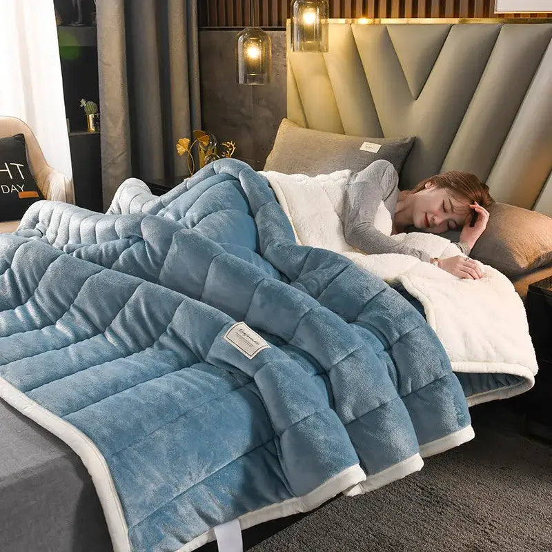 Quilted light blue & white cozy coral fleece bed blanket bedroom