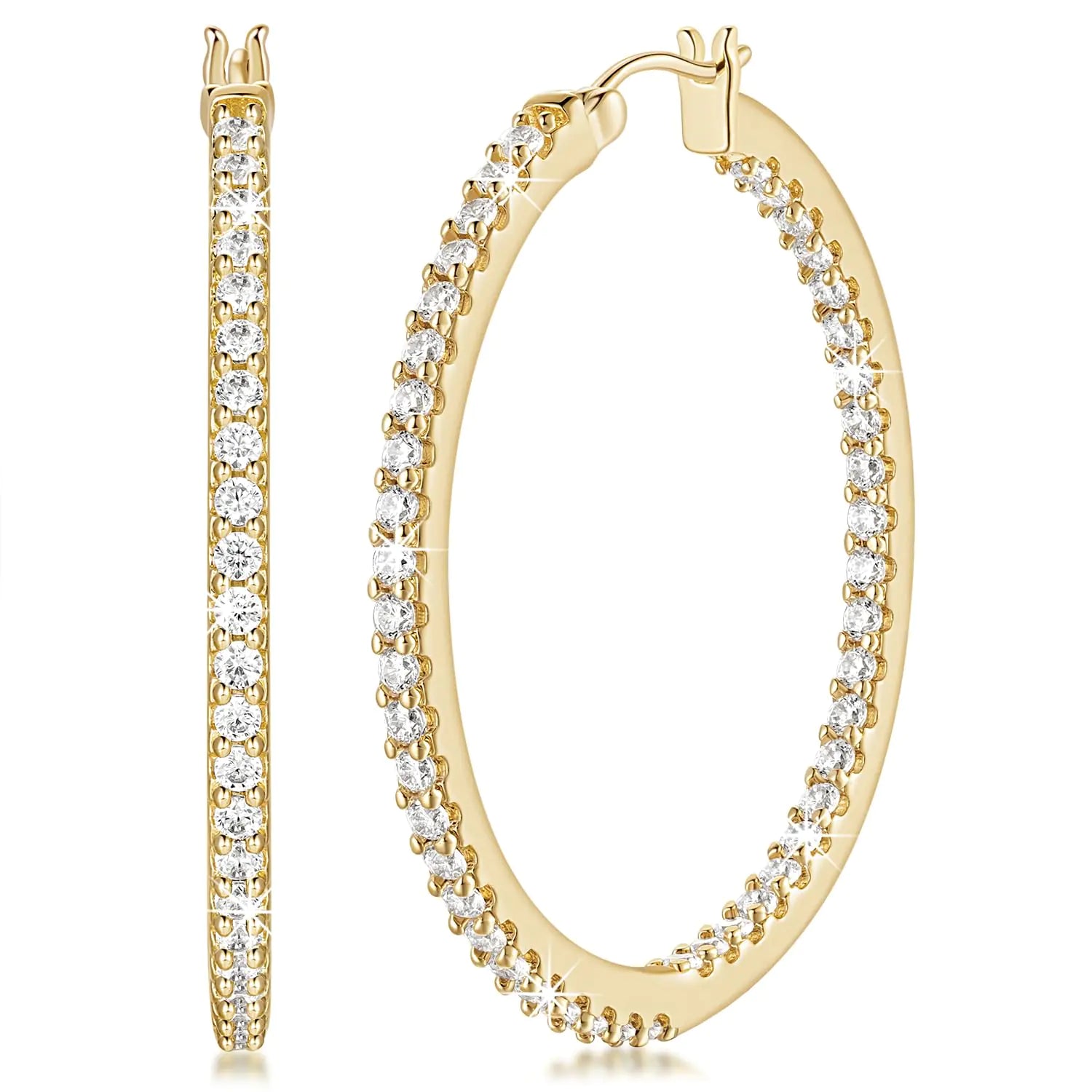 14K Gold Rhinestone Hoop Earrings