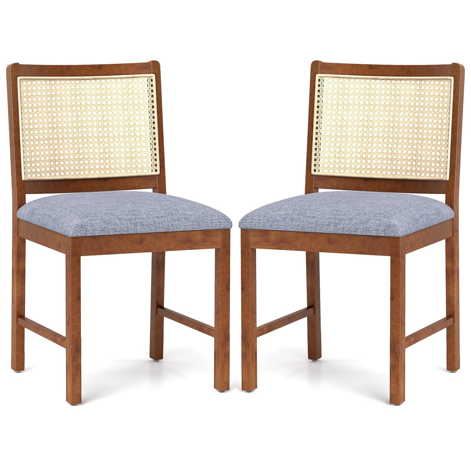 Rattan Dining Chair Set of 2 with Rubber Wood Frame and Linen Fabric Padded Seat-Walnut