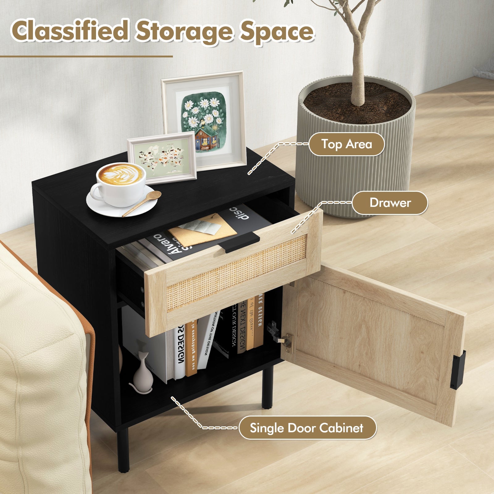 Rattan Nightstand Set of 2 with Drawer and Cabinet-Natural