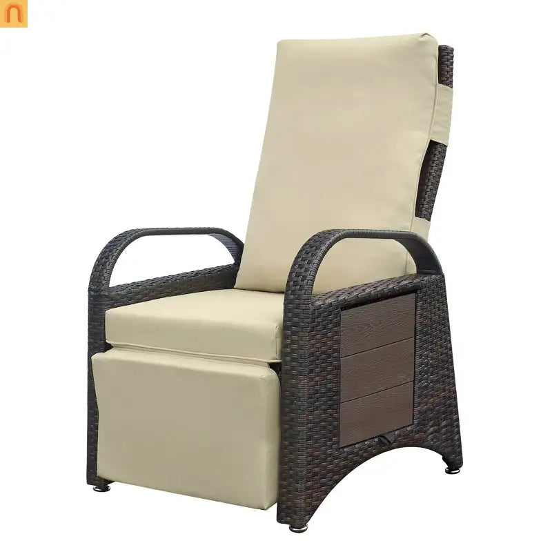 Outdoor Recliner Chair Wicker Khaki Adjustable Built-in Table