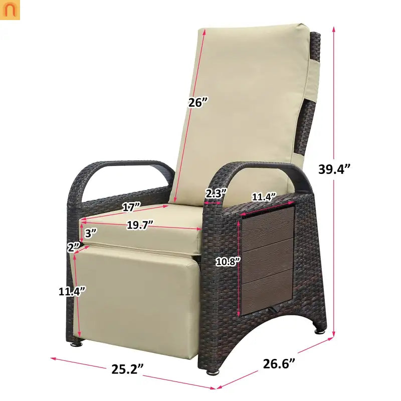 Outdoor Recliner Chair Wicker Khaki Adjustable Built-in Table
