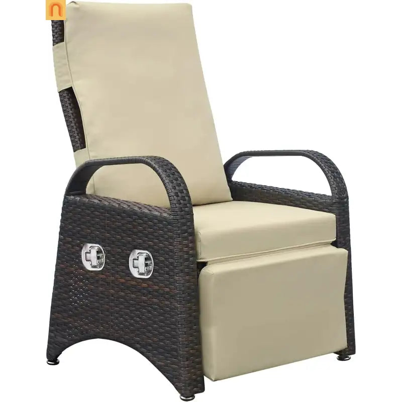 Outdoor Recliner Chair Wicker Khaki Adjustable Built-in Table