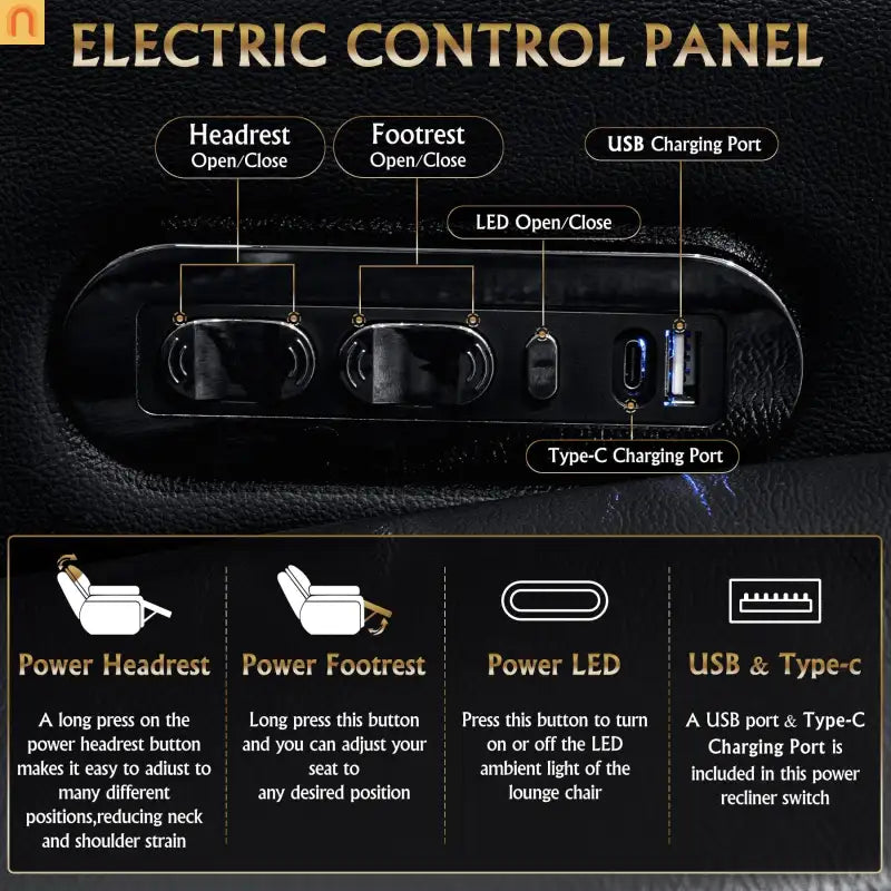 Recliner Top-Grain Leather Black RGB LED 15-Color USB-C