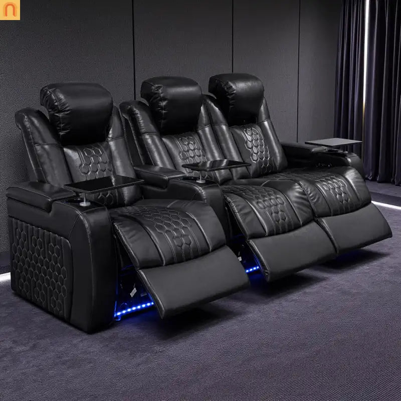 Recliner Set Top-Grain Leather Black 3-Seat RGB 17-Color USB-C