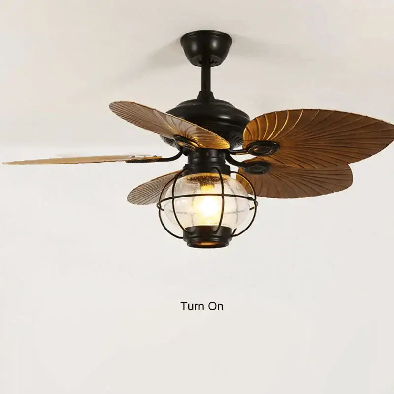 Retro black iron fan light with remote control for living room