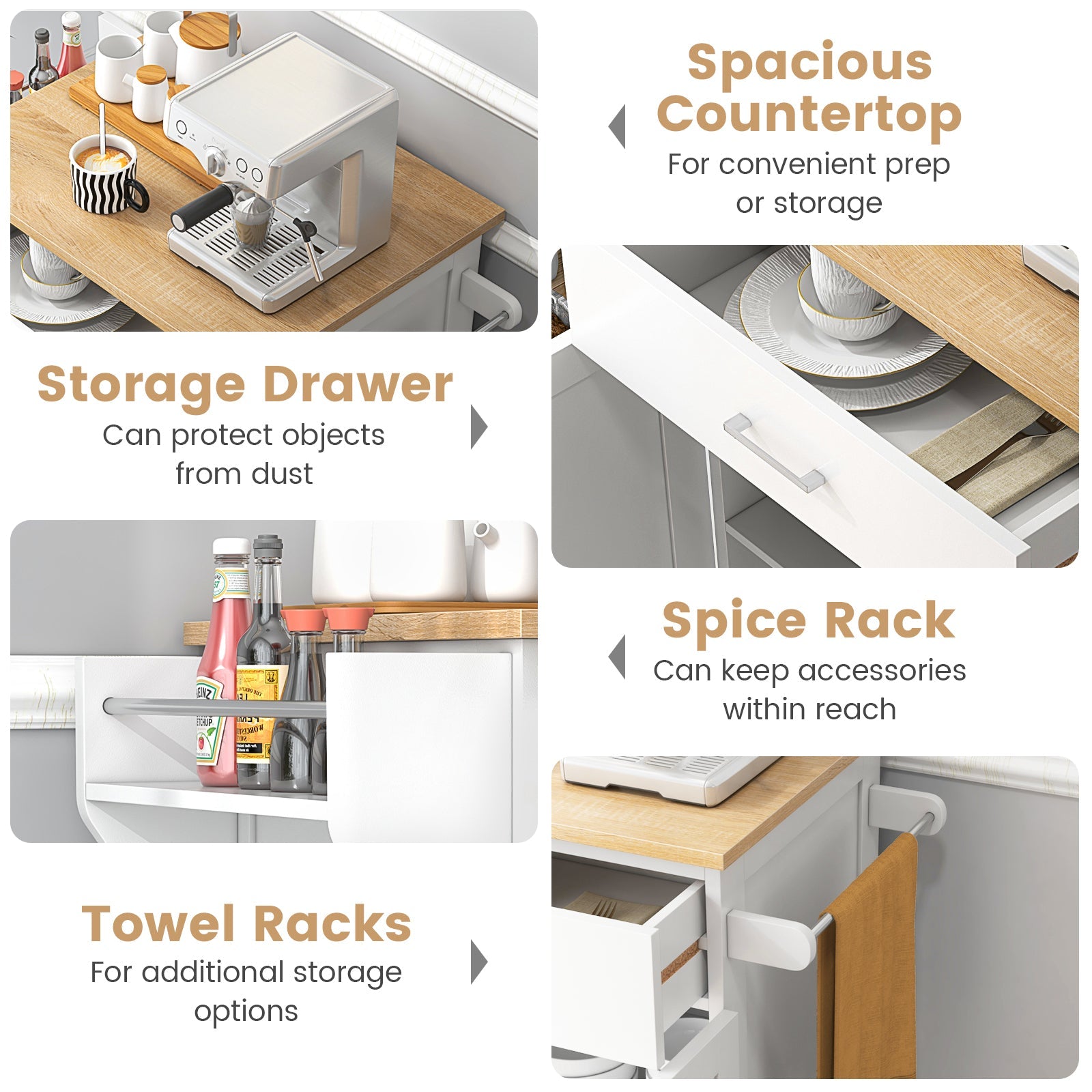 Utility Rolling Storage Cabinet Kitchen Island Cart with Spice Rack