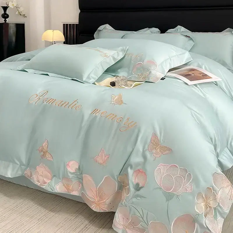 DecorBites™ Embroidered Flowers Butterfly Bedding Set - 4Pcs
