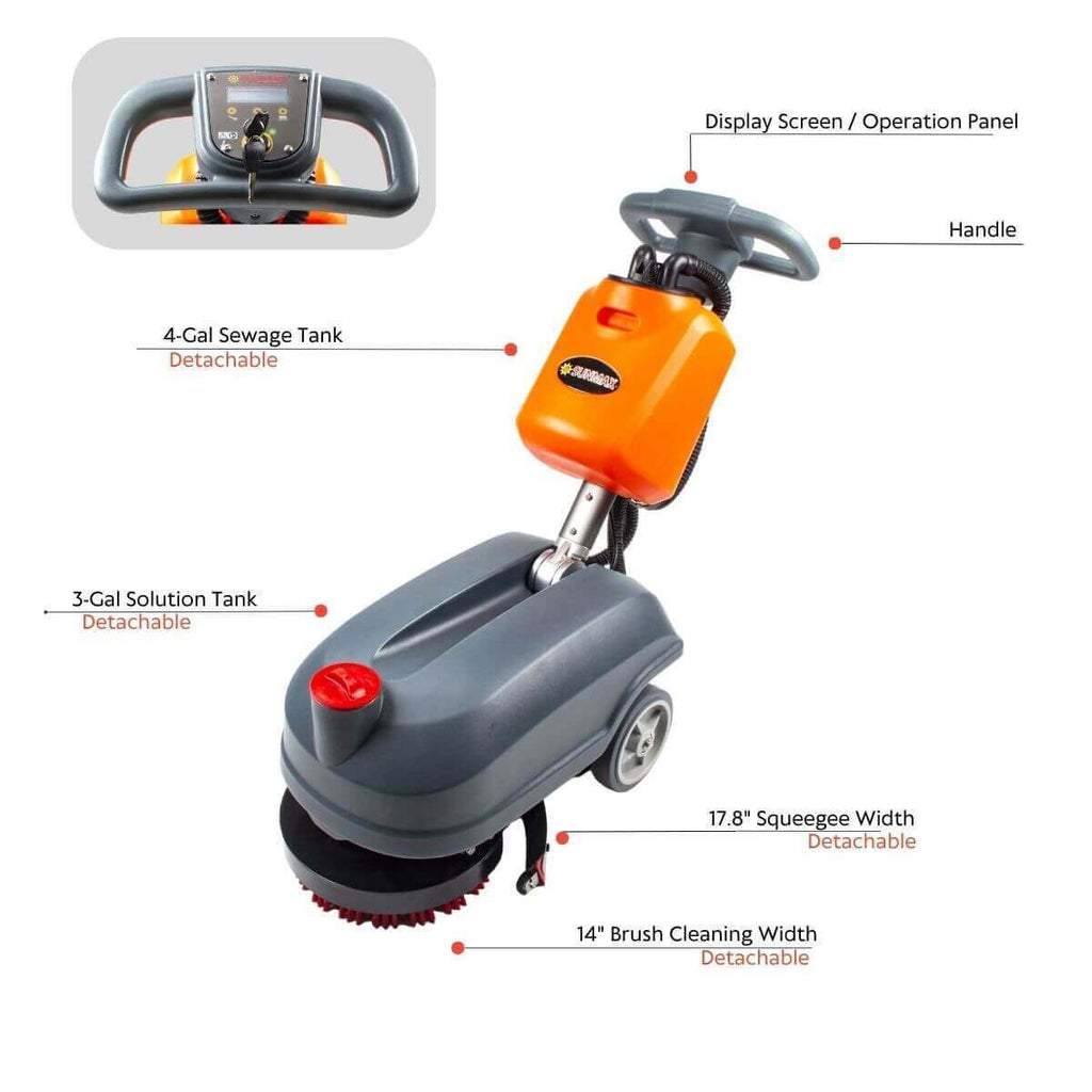 RT15+ 14" Compact Walk behind Floor Scrubber, Heavy Duty Brush, 14500 sqft/h, Lithium battery