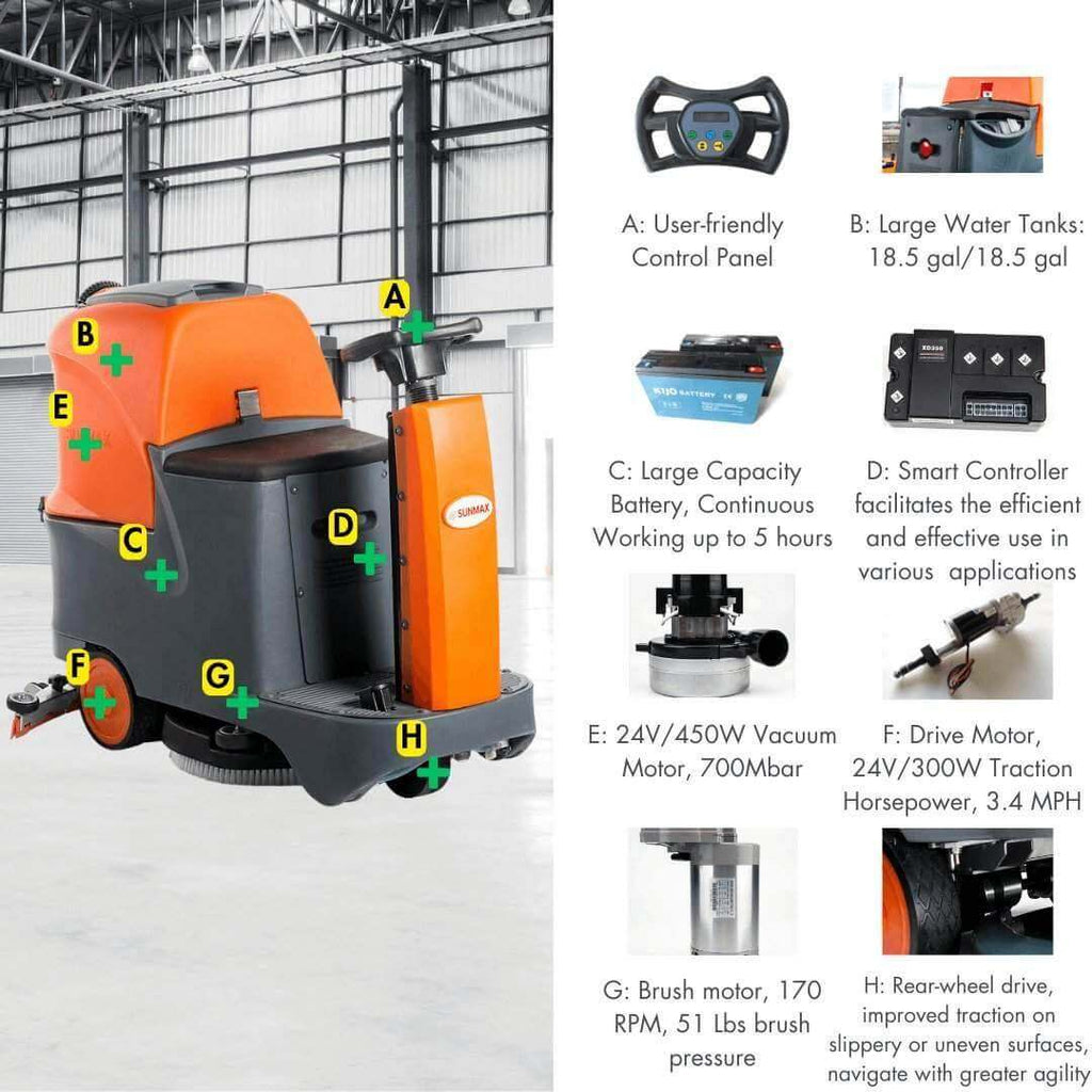 RT70 Ride-On Floor Scrubber, 22" Cleaning Path, 48,000 sq ft/hr, 18.5 gal Tanks – For Warehouses & Retail Stores