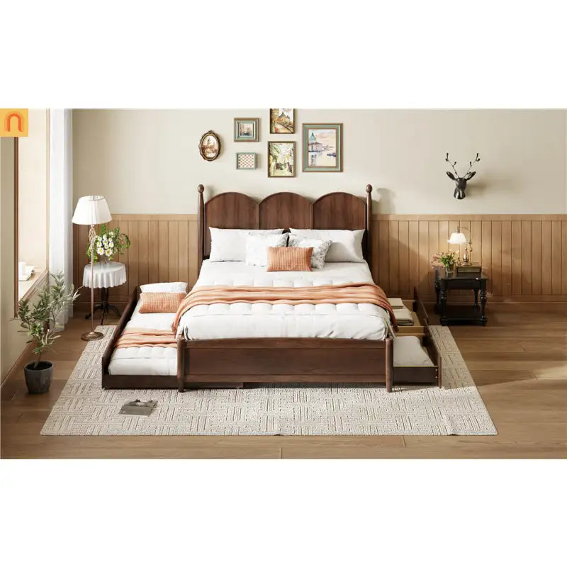 Bed Frame Queen Walnut Drawers Twin XL Trundle Pullout