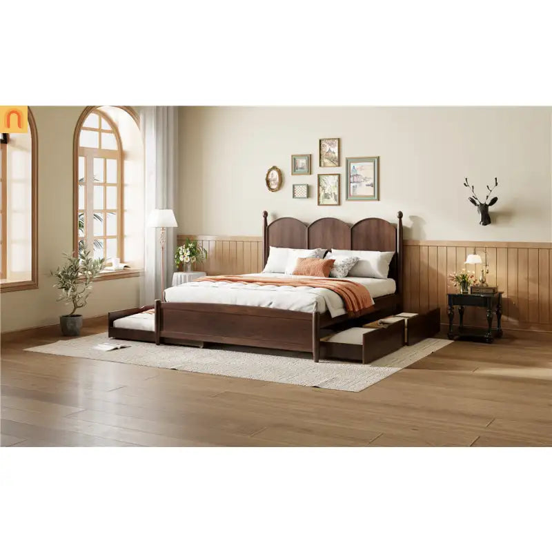 Bed Frame Queen Walnut Drawers Twin XL Trundle Pullout