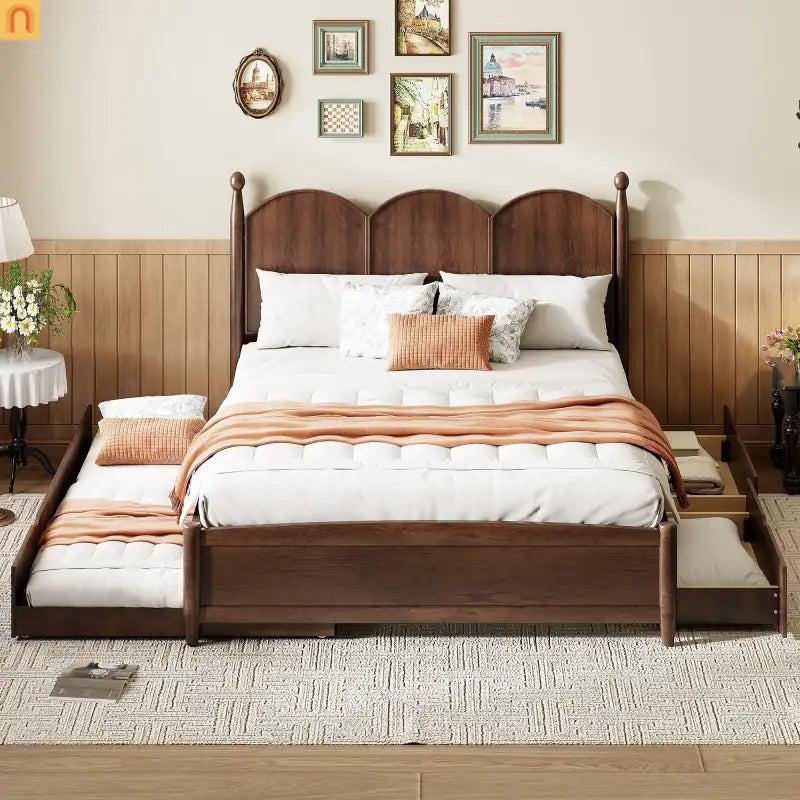 Bed Frame Queen Walnut Drawers Twin XL Trundle Pullout