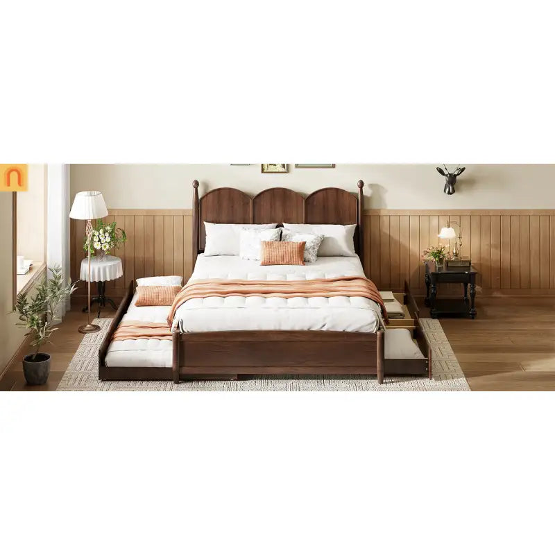 Bed Frame Queen Walnut Drawers Twin XL Trundle Pullout