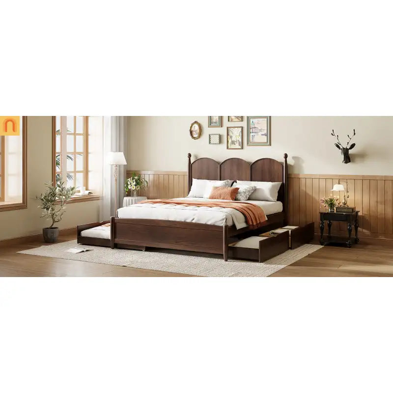 Bed Frame Queen Walnut Drawers Twin XL Trundle Pullout
