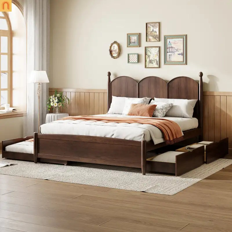 Bed Frame Queen Walnut Drawers Twin XL Trundle Pullout