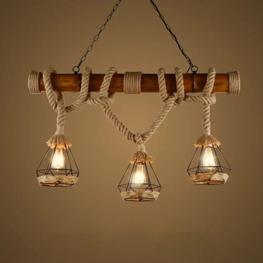 Rustic wooden beam and beige rope 3 light island pendant kitchen light