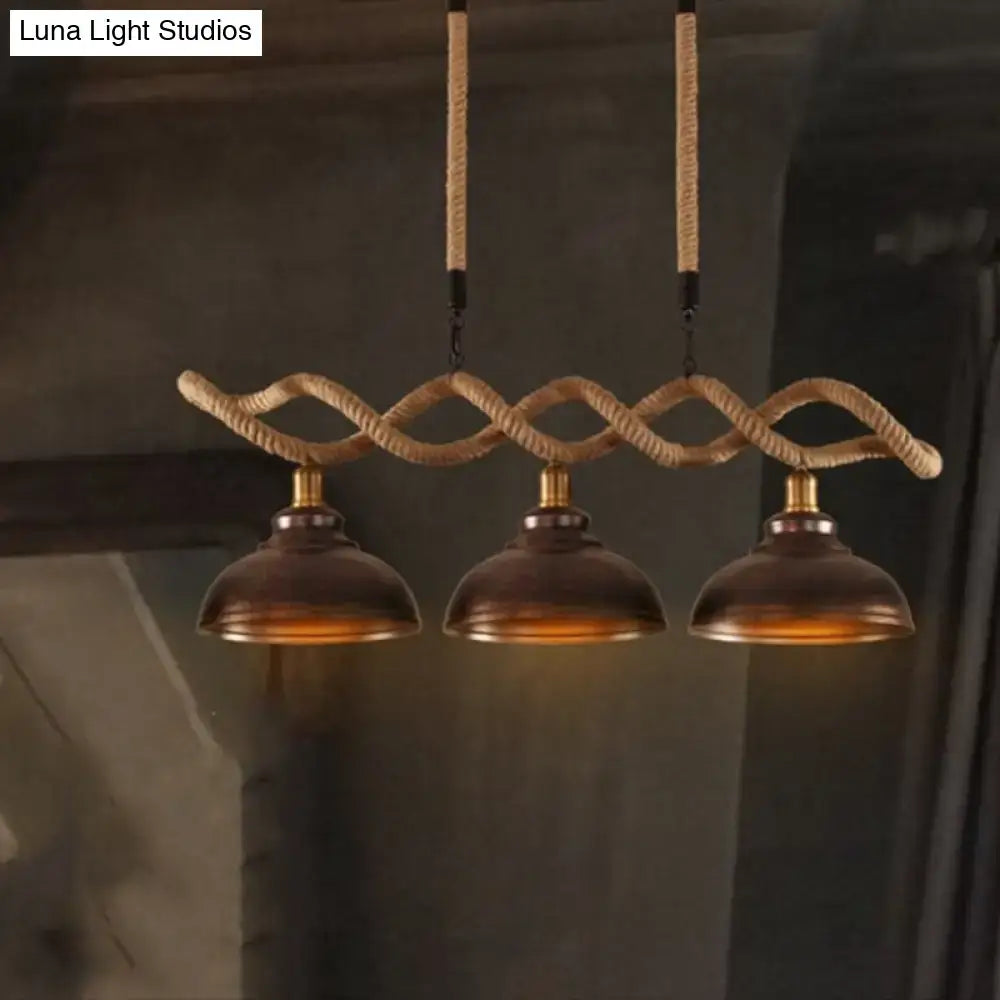 Rustic wooden beam and beige rope 3 light island pendant kitchen light