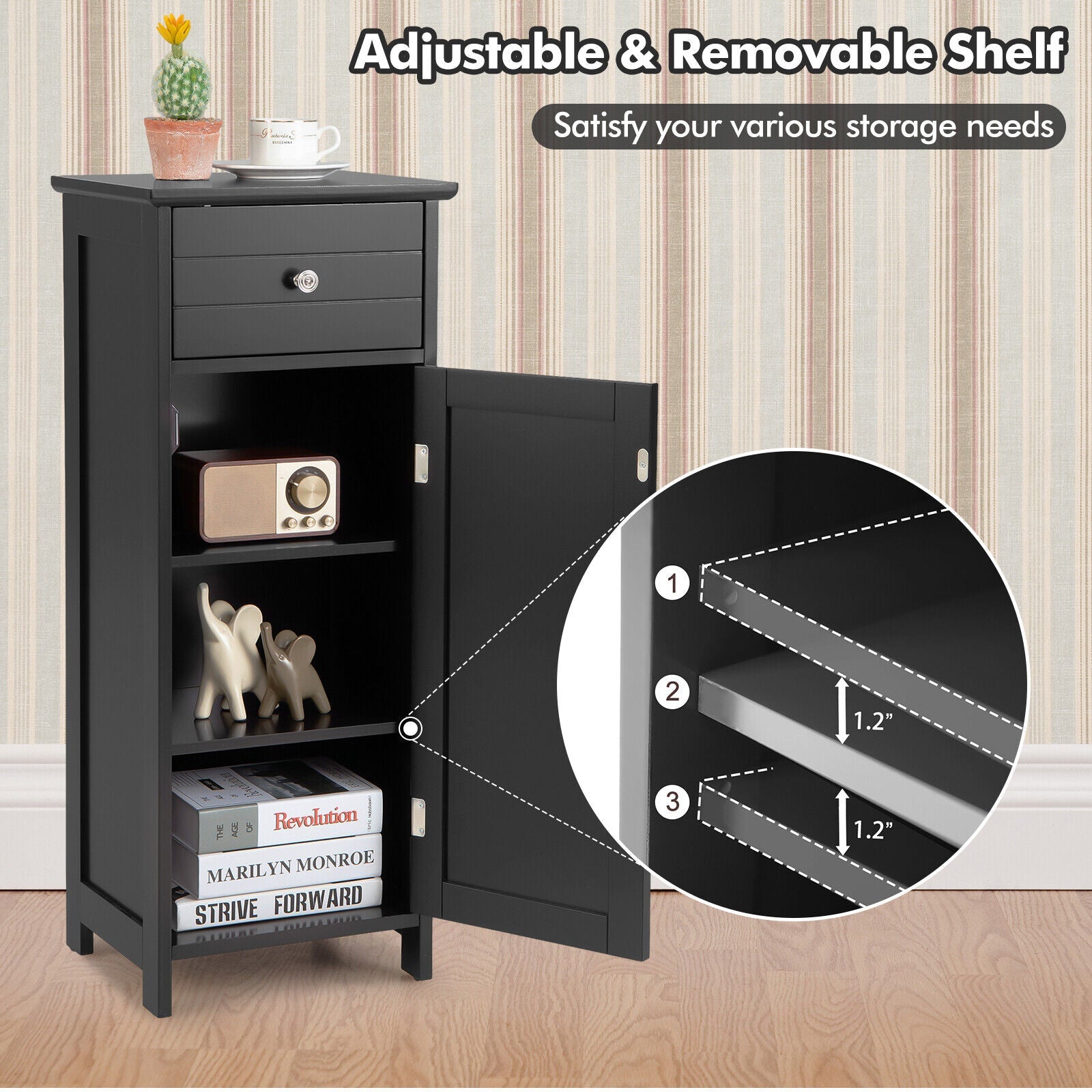 Wooden Bathroom Floor Storage Cabinet with Drawer and Shelf