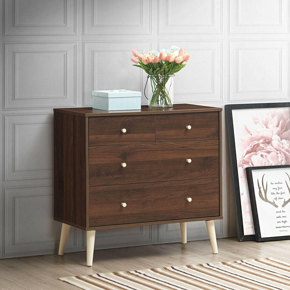 4-Drawer Dresser Cabinet Storage Organizer Rubber Leg with Rail-Brown