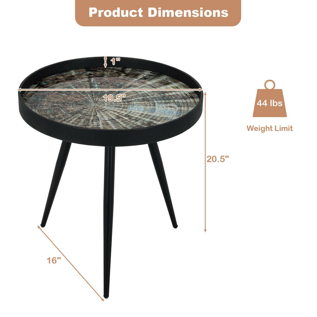 Modern Round End Table with Wooden Tray Top for Living Room Bedroom-Black