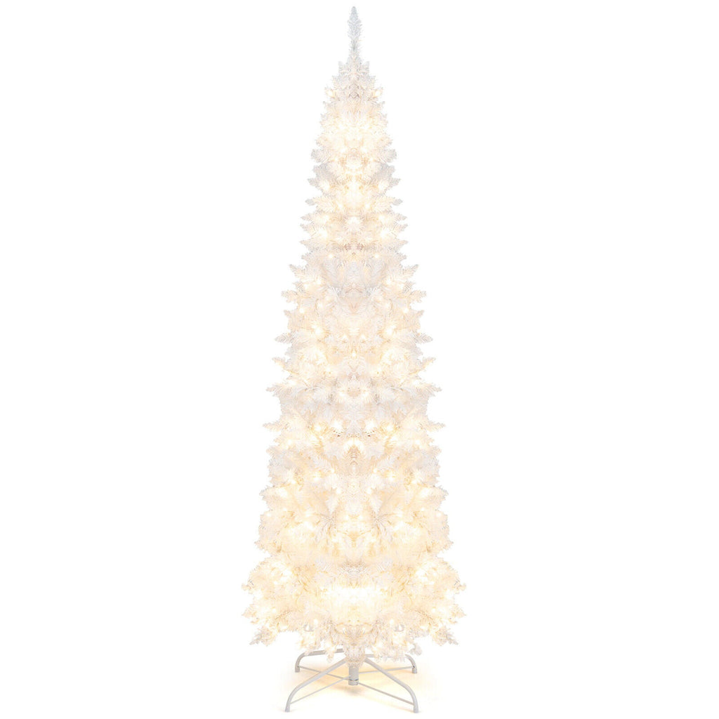 7 Feet Pre-Lit Hinged Pencil Christmas Tree White with 300 LED Lights and 8 Flash Modes