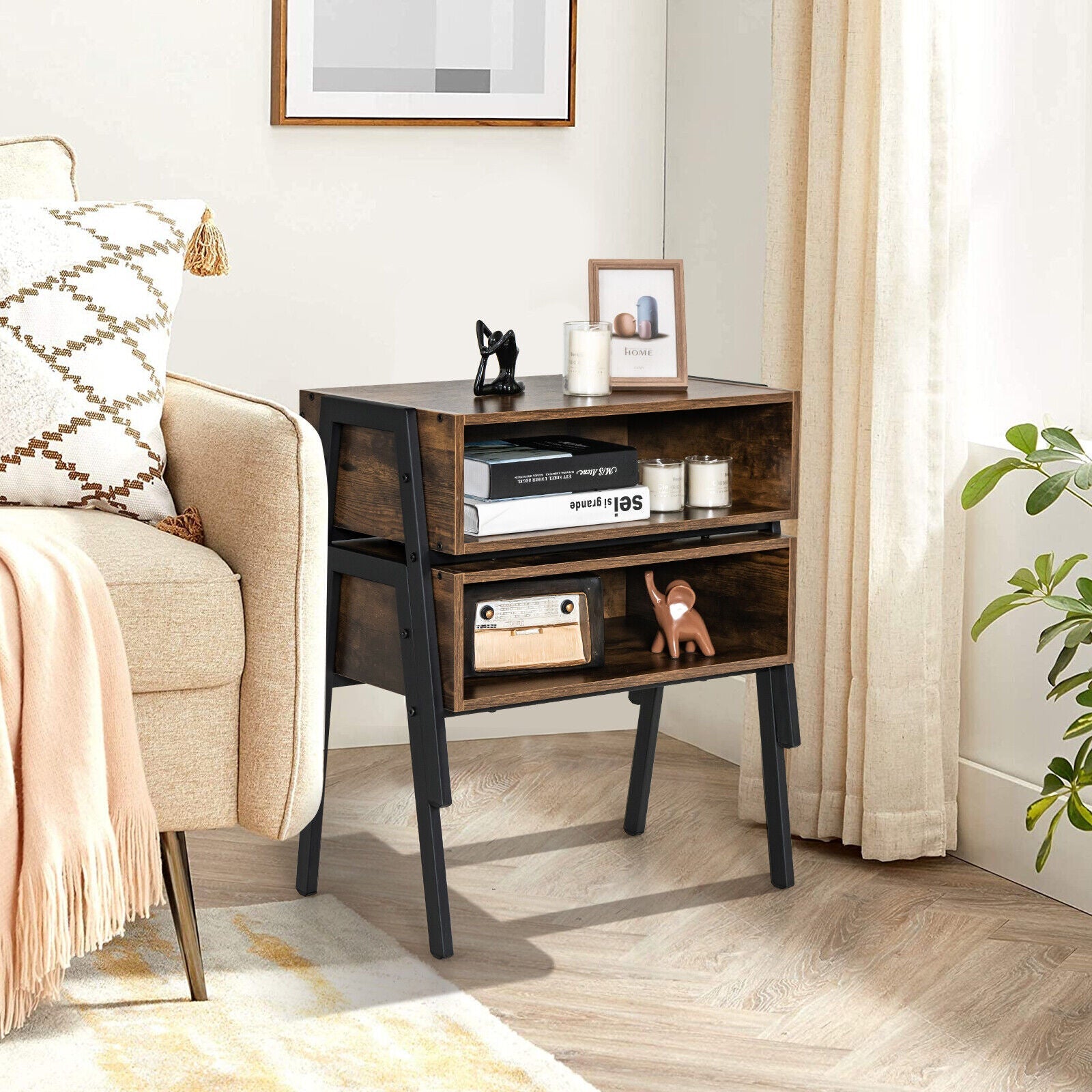 1 Piece Stackable Night Stand Shelf Accent Table with Metal Frame