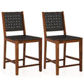 Set of 2 Woven Bar Stools with Faux PU Leather Straps-Black
