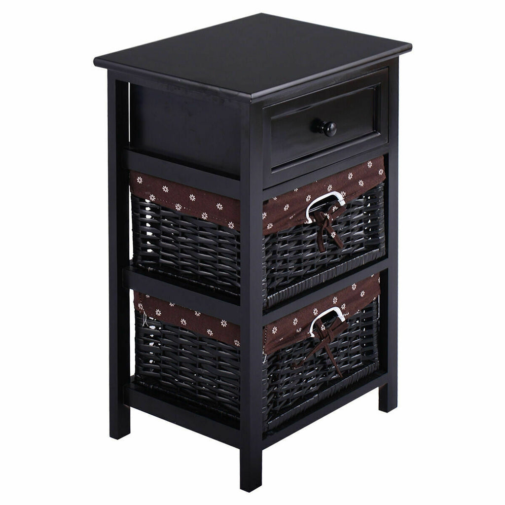 3 Tier Set of 2 Wood Nightstand with 1 and 2 Drawer