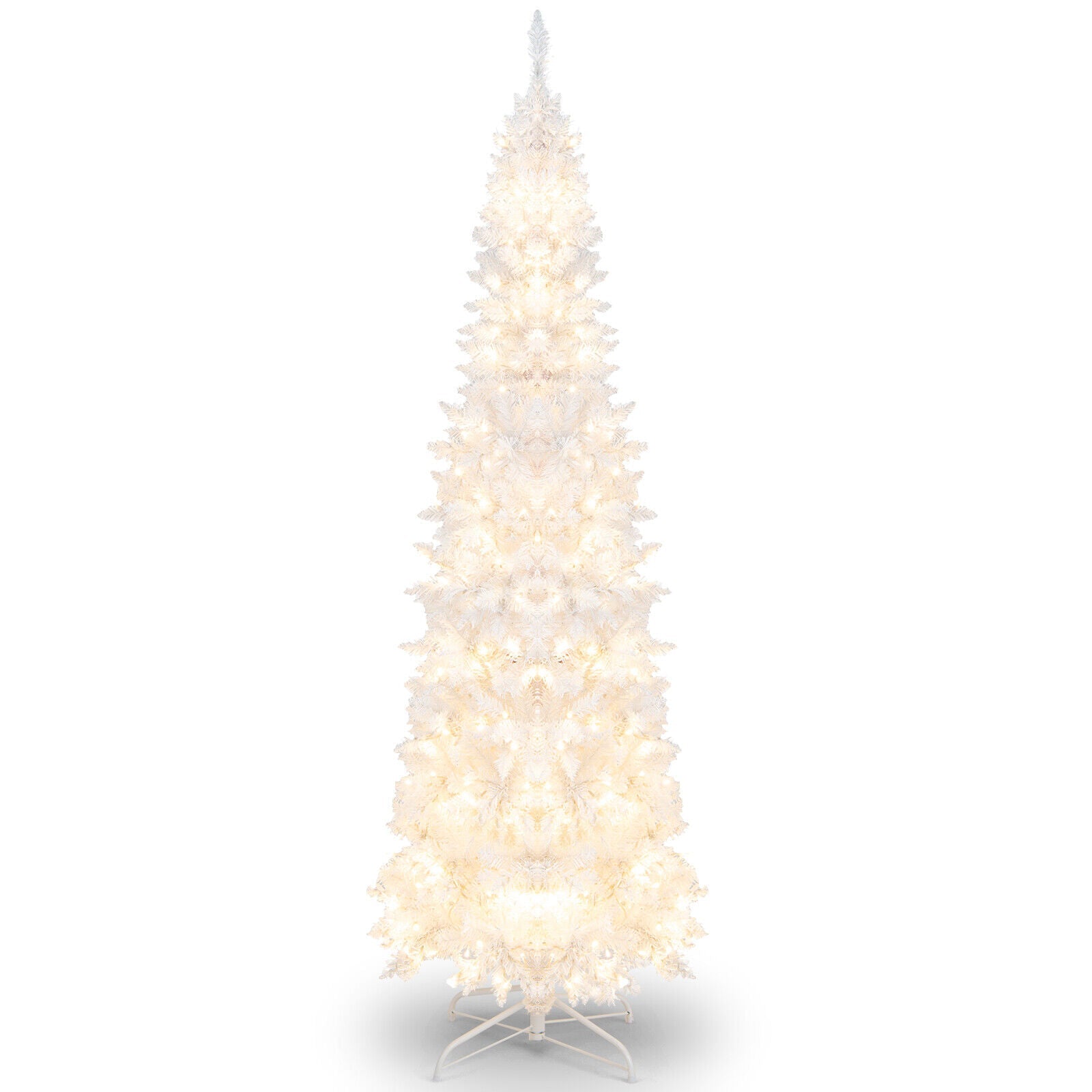 7 Feet Pre-Lit Hinged Pencil Christmas Tree White with 300 LED Lights and 8 Flash Modes