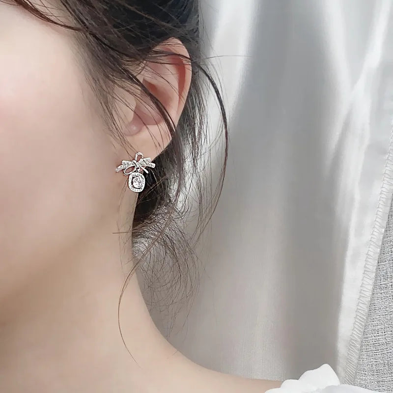 S925 Sterling Silver Moissanite Stud Earrings 0.5ct×2 Bow Fringe Dangle Women