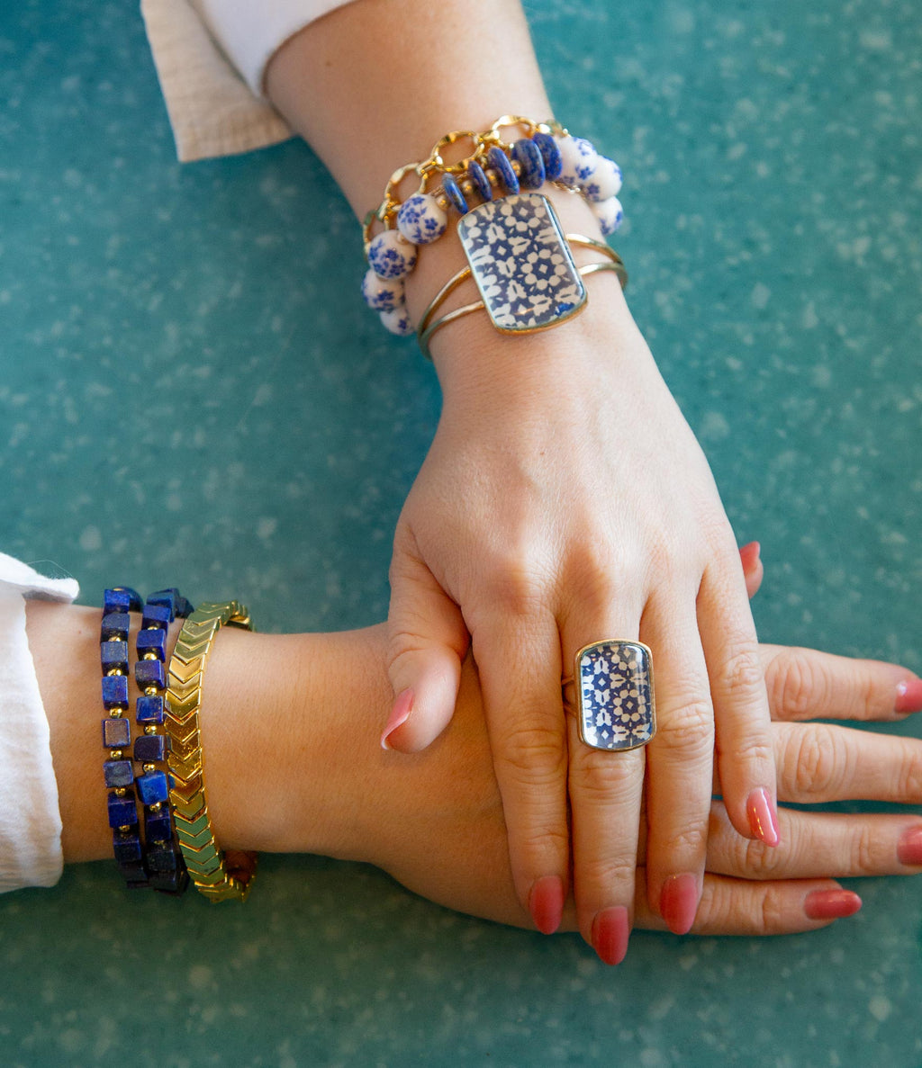 Santorini Cobalt Blue and White Golden Ring