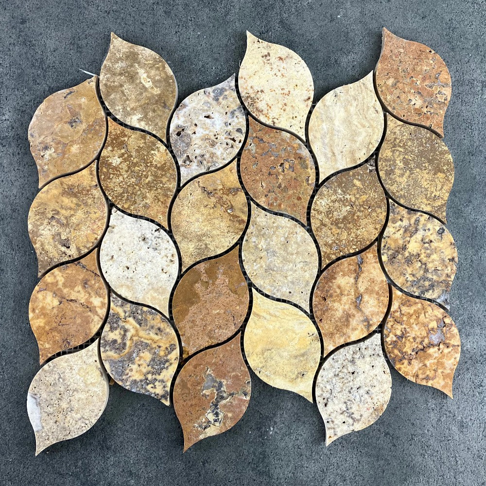 Scabos Travertine Leaf Design Mosaic Tile - Mesh Backed 12x12
