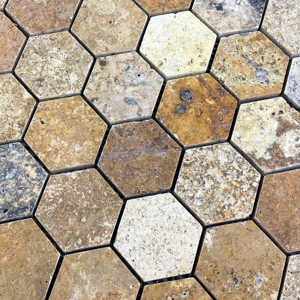 Scabos Travertine 2 Inch Hexagon Mosaic Tile 12x12 Mesh Backing