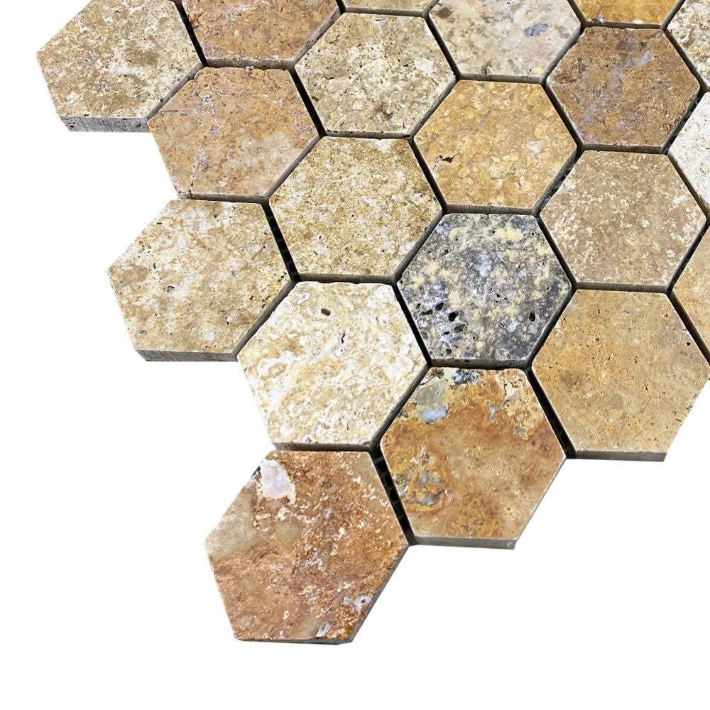 Scabos Travertine 2 Inch Hexagon Mosaic Tile 12x12 Mesh Backing