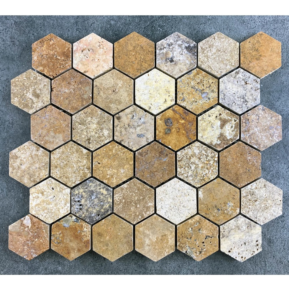 Scabos Travertine 2 Inch Hexagon Mosaic Tile 12x12 Mesh Backing