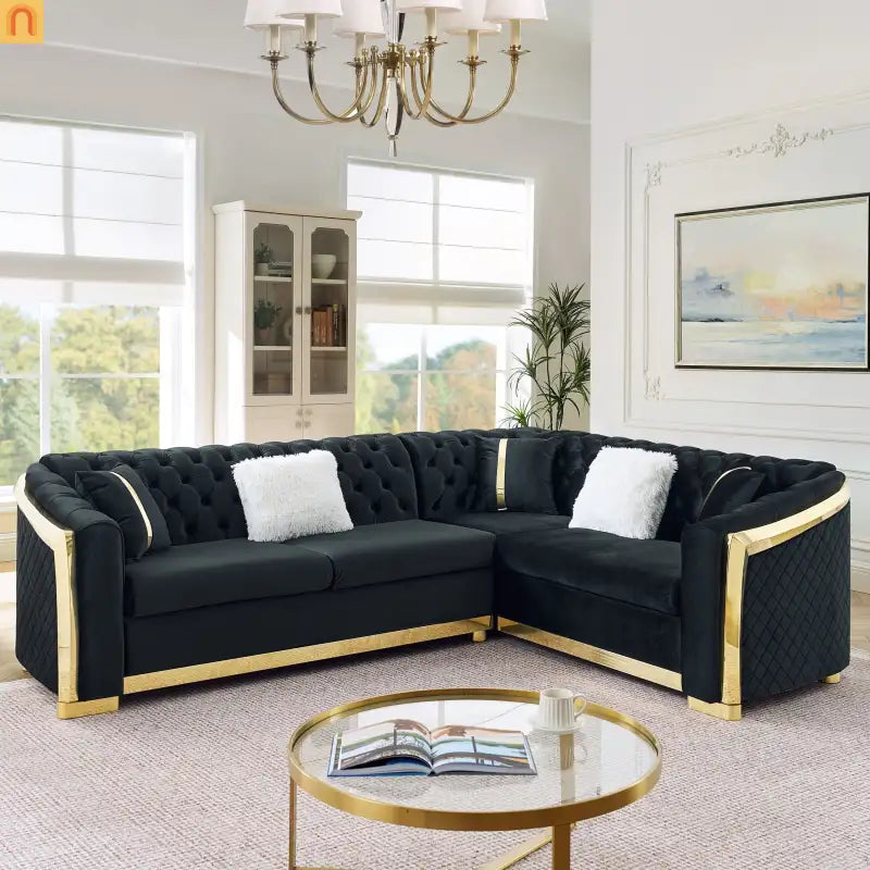 Sectional Sofa L-Shape Velvet Black Gold Steel Tufted 106in