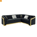 Sectional Sofa L-Shape Velvet Black Gold Steel Tufted 106in