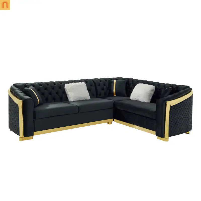 Sectional Sofa L-Shape Velvet Black Gold Steel Tufted 106in