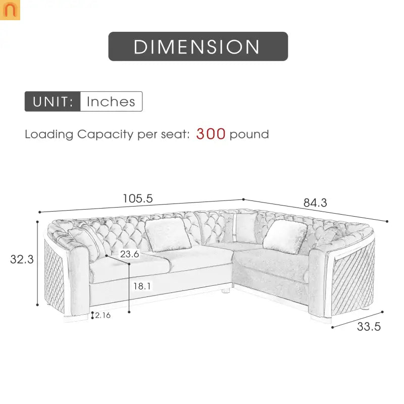 Sectional Sofa L-Shape Velvet Black Gold Steel Tufted 106in