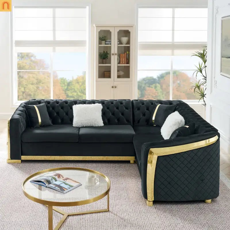 Sectional Sofa L-Shape Velvet Black Gold Steel Tufted 106in